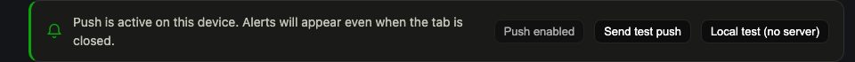 The push status bar showing push is active, with a Send test push button
